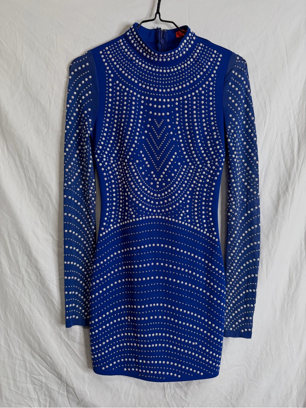 Blue Bodycon Mini Homecoming Party Dress Studded Long Sleeve Mesh Size S BANJUL